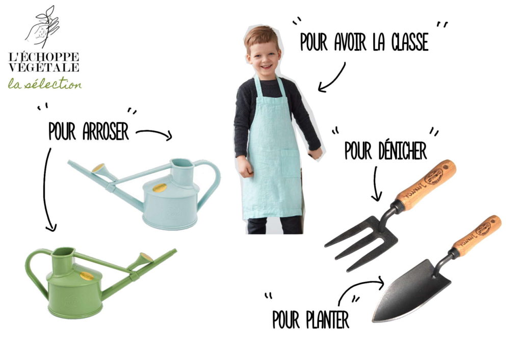 arrosoir, plantoir, fourche, tablier et produits écolos pour apprendre à jardiner avec les enfants